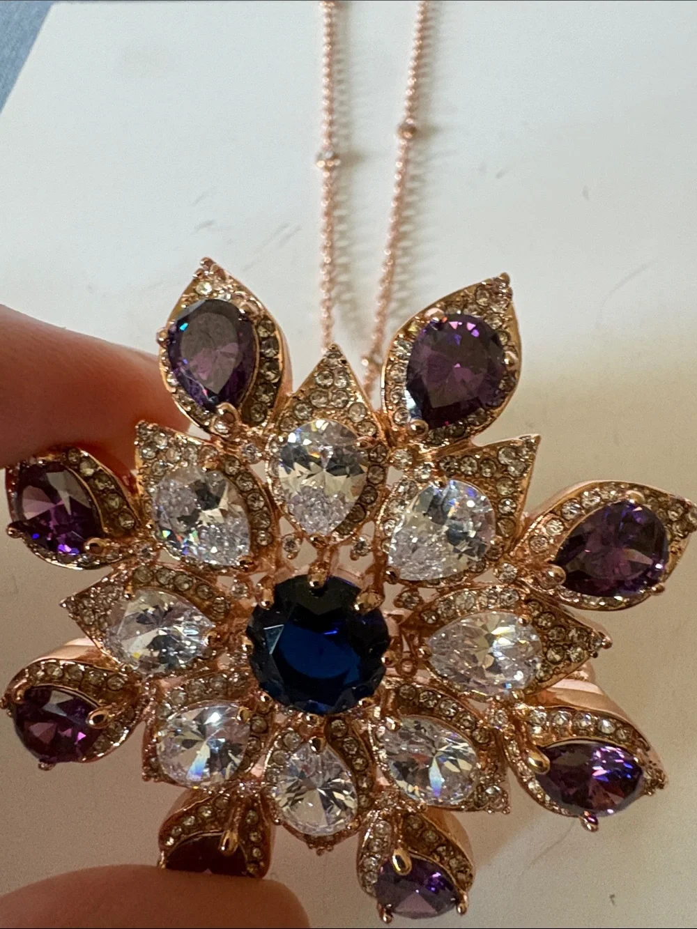 Rose Gold Floral Pendant Necklace or Brooch with Purple and Clear Stones